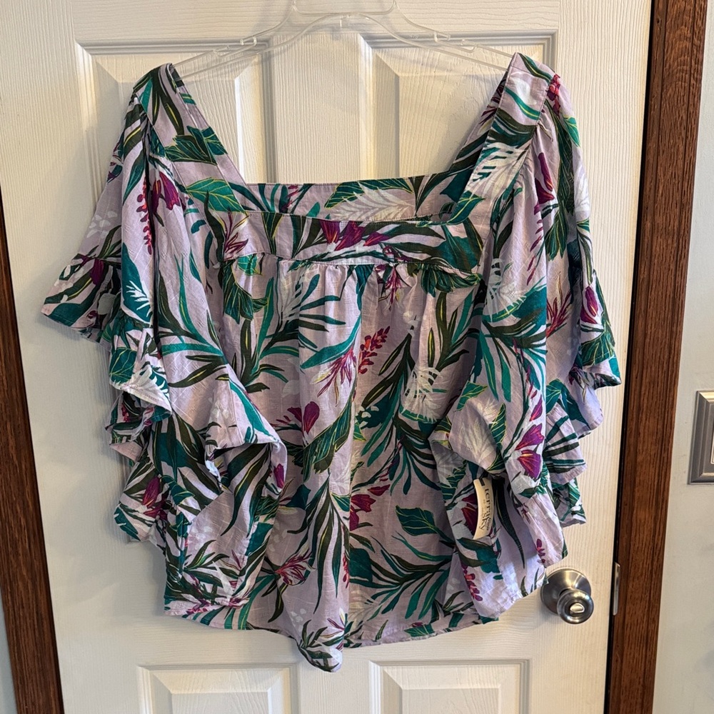 Terra & Sky Green and Purple Leaf Print Blouse